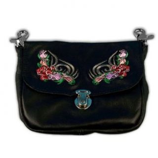 Ladies Biker Leather Clip Pouch Embroidered Rose Design