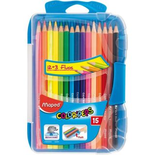 MAPED   12 crayons de couleurs + 3 fluos   Boite plastique incassable