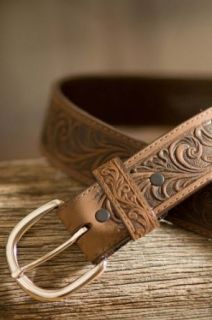  Mens Western Scroll Leather Belt, BROWN, Size 34: Clothing