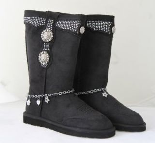 Suede Boots Rhinestone Silver Concho Ankle Chain Black, 7M Shoes