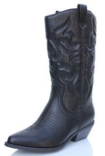 Womens Cowboy Leatherette Knee High Boots Black Shoes