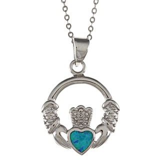 La Preciosa Sterling Silver Created Blue Opal Irish Claddagh Necklace