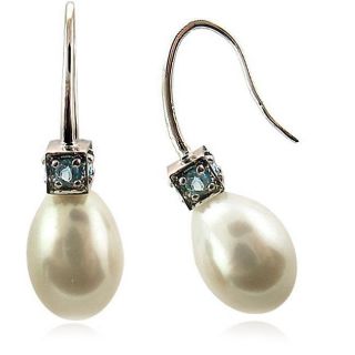14k White Gold Pearl and Topaz Hoop Earrings (8 9 mm)