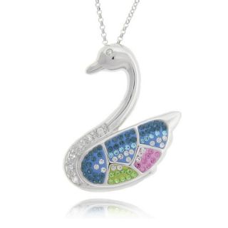 Sterling Silver White, Blue, Pink and Green Crystal Large Swan