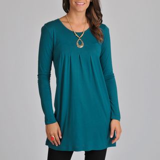 La Cera Womens Teal Long sleeve Inverted Pleat Knit Tunic Top