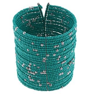 Turquoise and Silver Beaded Wide Cuff Bracelet (India)