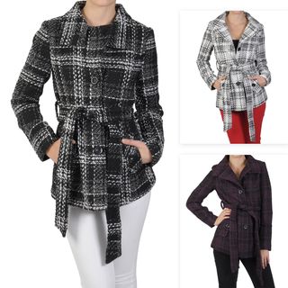 Journee Collection Juniors Tweed Plaid Belted Button up Coat