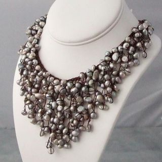 Cotton Trendy Grey Pearls Waterfall Bib Necklace (3 5 mm) (Thailand