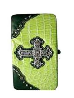 Lime Green Fat and Thick Flat Wallet with Rhinestone Cross