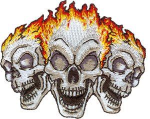 Novelty Iron on   Skulls Triple Skull Flames Fiery Go to