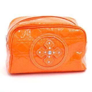 Cosmetic Bag W/ Studded Cross Patent Faux Leather Orange Shoes