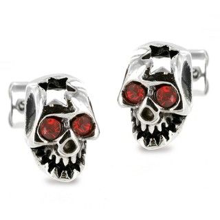 Stainless Steel Red Cubic Zirconia Cracked Skull Earrings