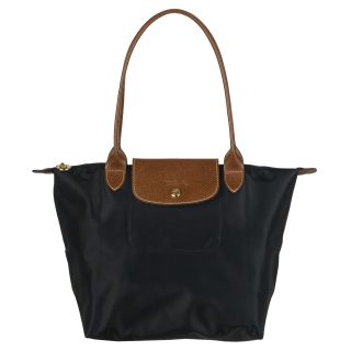 Longchamp Small Le Pliage Black Nylon Brown Leather Handle Tote Bag
