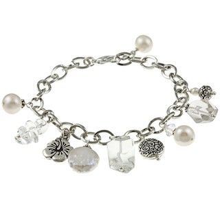 Charming Life Silvertone Clear Quartz and Pearl Flower Charm Bracelet