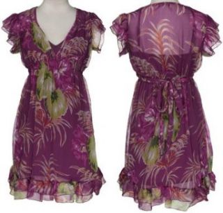 SELE Floral Crinkle Chiffon V Neck Dress, Small, Purple