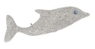 14 kt White Gold & 2.89 ct TDW Diamond Sapphire Dolphin Pin