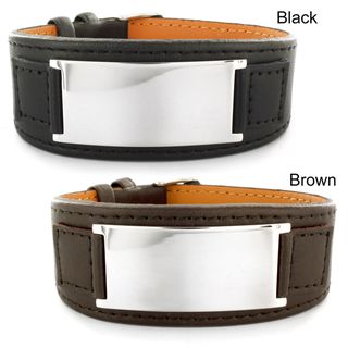 Stainless Steel and Leather Mens Engraveable Plate Bracelet