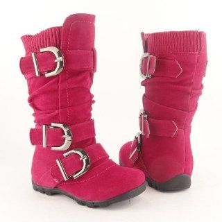 Youth Girls Faux Suede Knee High Buckle Flat Boots FUCHSIA , 9: Shoes