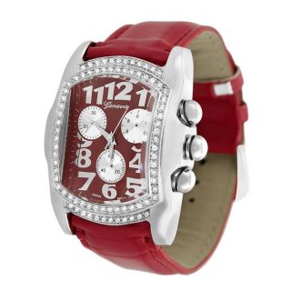 Geneva Platinum Mens CZ Accented Red Leather Watch