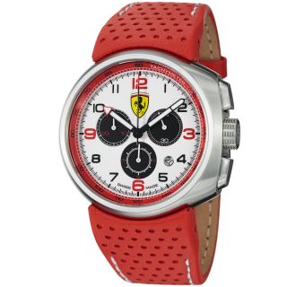 Ferrari Mens Classic White Dial Red Leather Strap Chronograph Watch