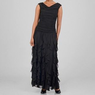 Marina Womens Black Shirred Bodice Cascading Ruffle Dress