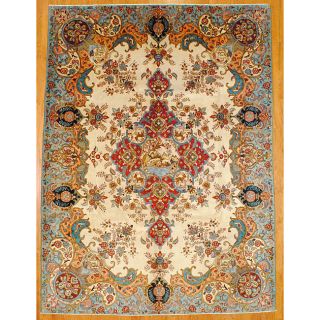 Persian Hand knotted Tabriz Ivory/ Teal Wool Rug (95 x 128