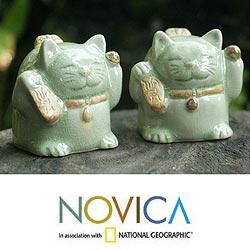 Set of 2 Celadon Ceramic Fortune Cats Sculptures (Thailand