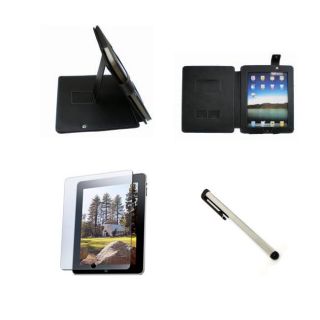 Deluxe Apple iPad Black Leather Folio/ Screen Protector/ Stylus Pen