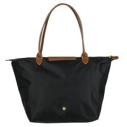 Longchamp Large Le Pliage Black Nylon Brown Leather Handle Tote Bag