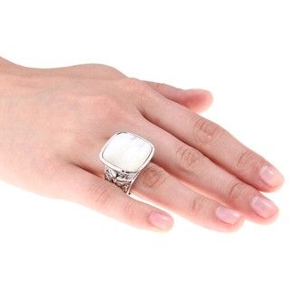 City Style Silvertone White Mother of Pearl Antiqued Square Ring