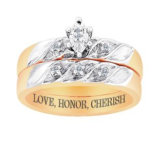 18k Gold over Sterling 2 Pc Diamond Engraved Love, Honor, Cherish