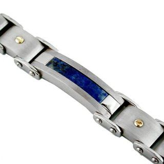 Mens 14K Gold Stainless Steel Lapis Bracelet