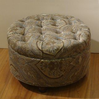 Button Tufted Round Storage Ottoman Brown and Tel Paisley