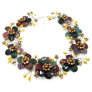 Sublime Floral Multicolor Jasper Gold Pearl Necklace (Thailand) Today