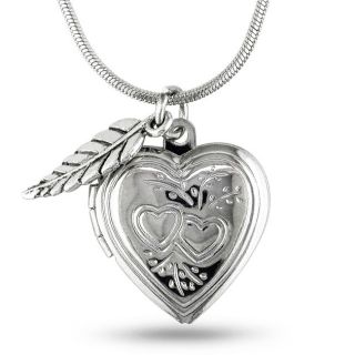 White Brass Locket with Hanging Leaf Charm Heart Pendant