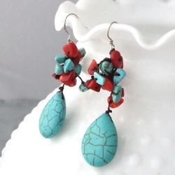 Turquoise and Coral Dangling Teardrop Earrings (Thailand)