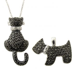 Finesque Silver Overlay Black Diamond Accent Cat and Dog Necklace