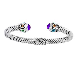 Silver Amethyst/ Multi gemstone Hinged Cable Cuff Bracelet (Indonesia