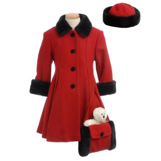 Trilogi Collection Girls Red Wool blend Faux Fur Hooded Walking Coat