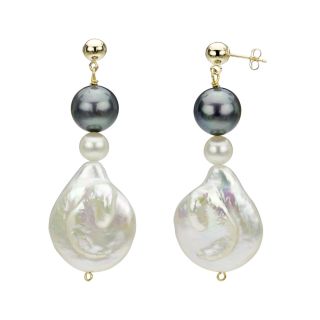 14k Yellow Gold White and Black Freshwater Pearl Drop Earrings (6 25