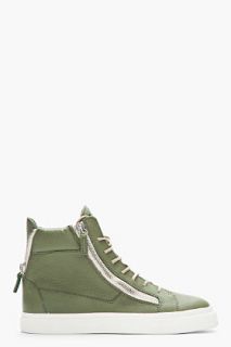 Giuseppe Zanotti Olive Green Leather Taupe trimmed London Sneakers for men