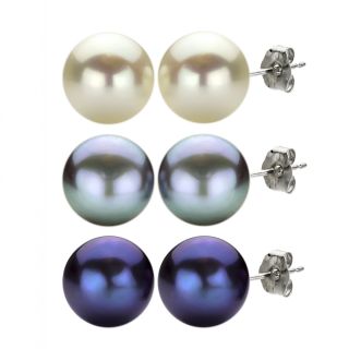 DaVonna Silver Black Grey and White FW Pearl Stud Earrings Set (8 9 mm