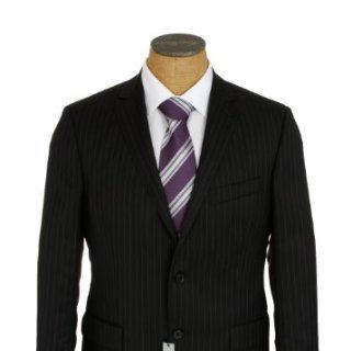 DKNY Mens 2 Button Flat Front Black Pinstripe Slim Fit Wool Suit