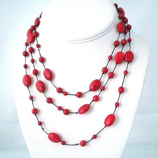 Red Coral Triple Layer Floating Bubble Cotton Rope Necklace (Thailand