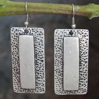 Silverplated Pewter Etched Concentric Rectangles Earrings (Turkey