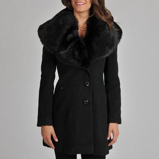 Ivanka Trump Womens Wool Blend Coat with Exaggerated Faux Fur Collar
