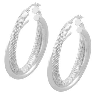 Fremada Sterling Silver 6 mm Textured/ Polished Double Hoop Earrings