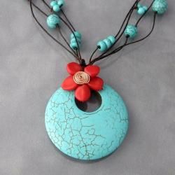 Handmade Copper Red Flower on Turquoise Necklace (Thailand