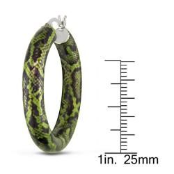 Miadora Sterling Silver Green Snake Print Hoop Earrings