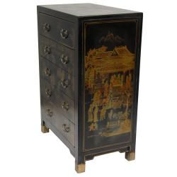Black Lacquer Village Life Five Drawer Chest (China)